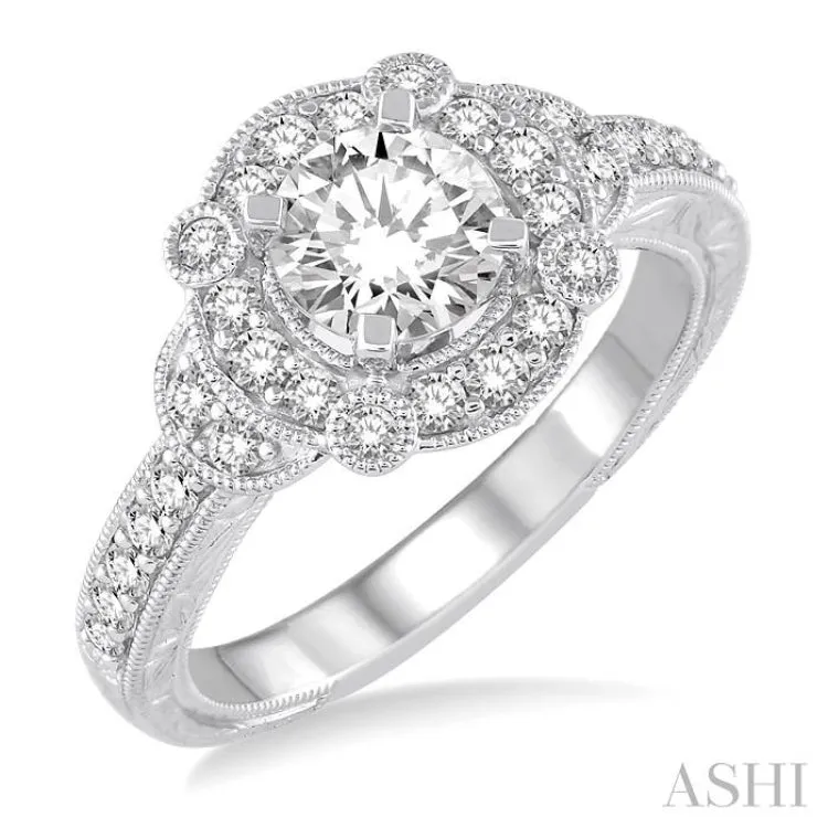 1 1/4 Ctw Diamond Engagement Ring with 3/4 Ct Round Cut Center Stone in 14K White Gold