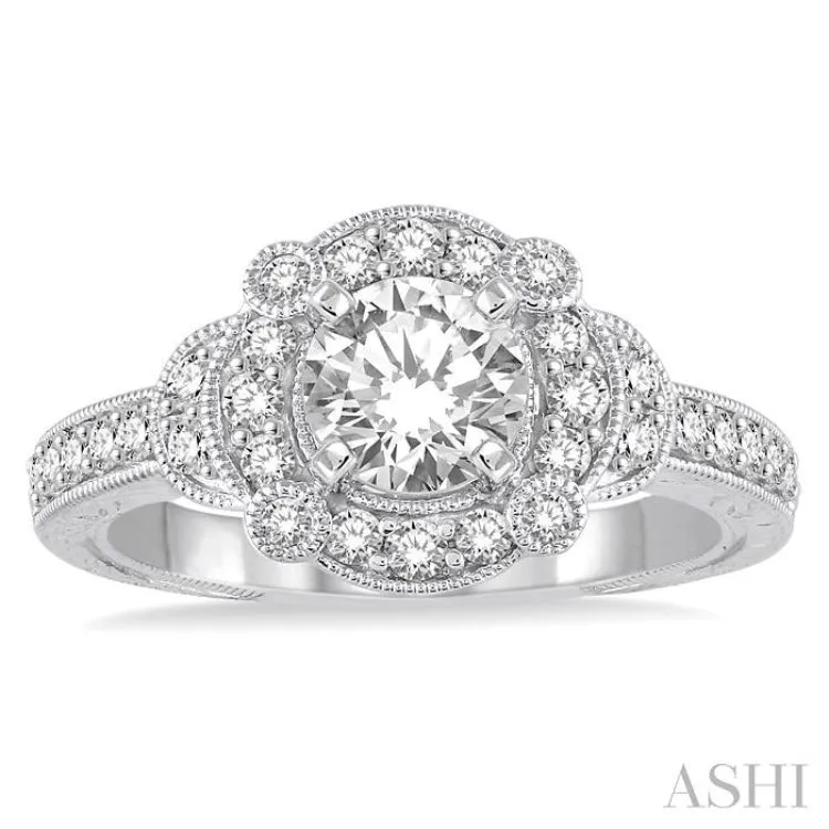 1 1/4 Ctw Diamond Engagement Ring with 3/4 Ct Round Cut Center Stone in 14K White Gold