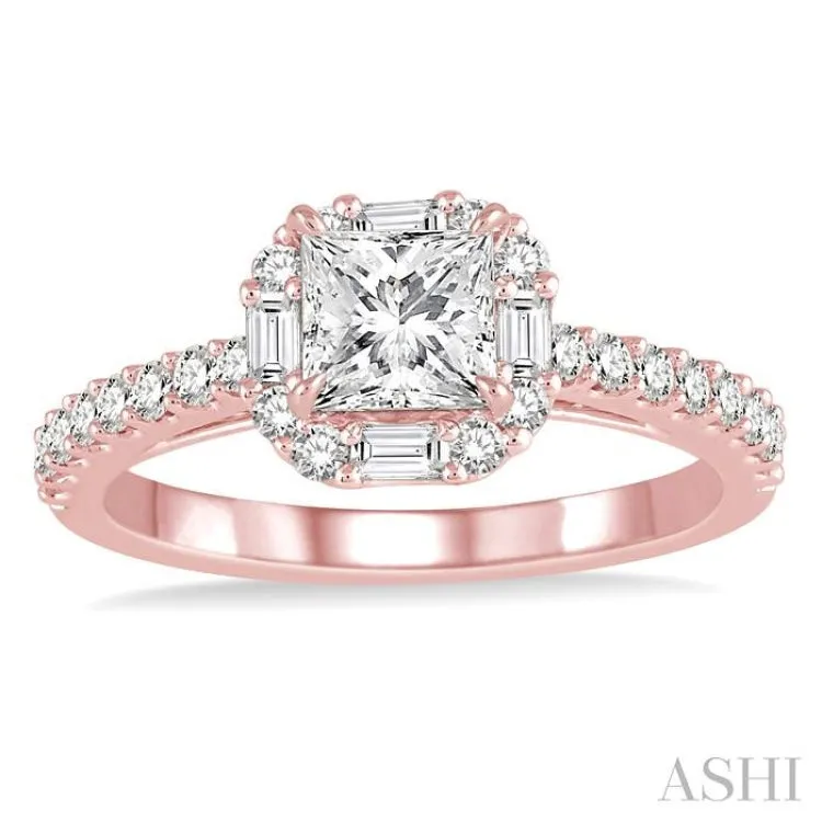 1 1/5 Ctw Diamond Engagement Ring with 5/8 Ct Princess Cut Center Stone in 14K Rose Gold