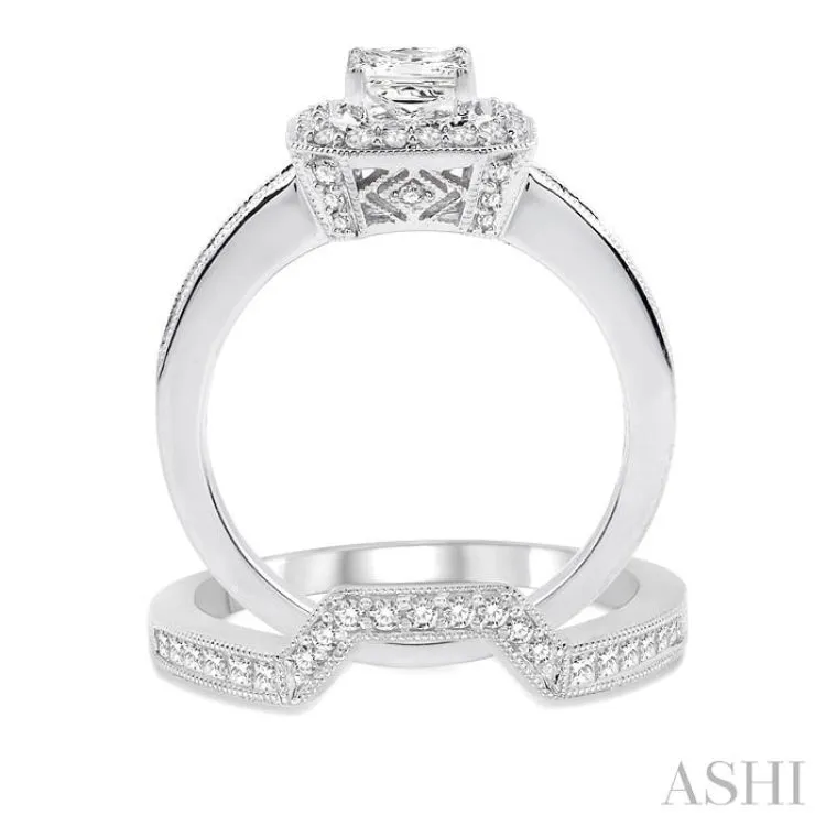 1 1/5 Ctw Diamond Wedding Set with 1 Ctw Princess Cut Engagement Ring and 1/4 Ctw Wedding Band in 14K White Gold
