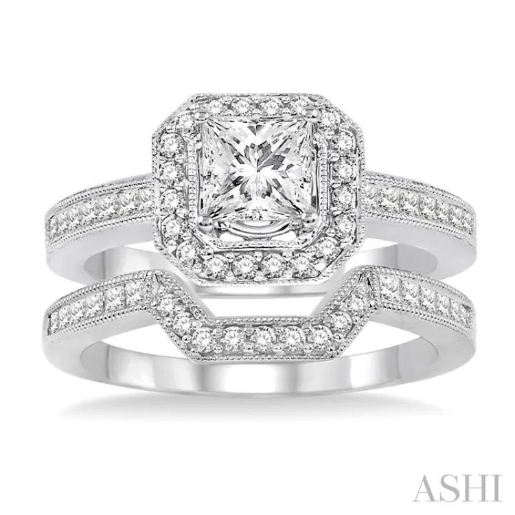 1 1/5 Ctw Diamond Wedding Set with 1 Ctw Princess Cut Engagement Ring and 1/4 Ctw Wedding Band in 14K White Gold