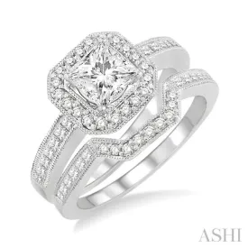 1 1/5 Ctw Diamond Wedding Set with 1 Ctw Princess Cut Engagement Ring and 1/4 Ctw Wedding Band in 14K White Gold