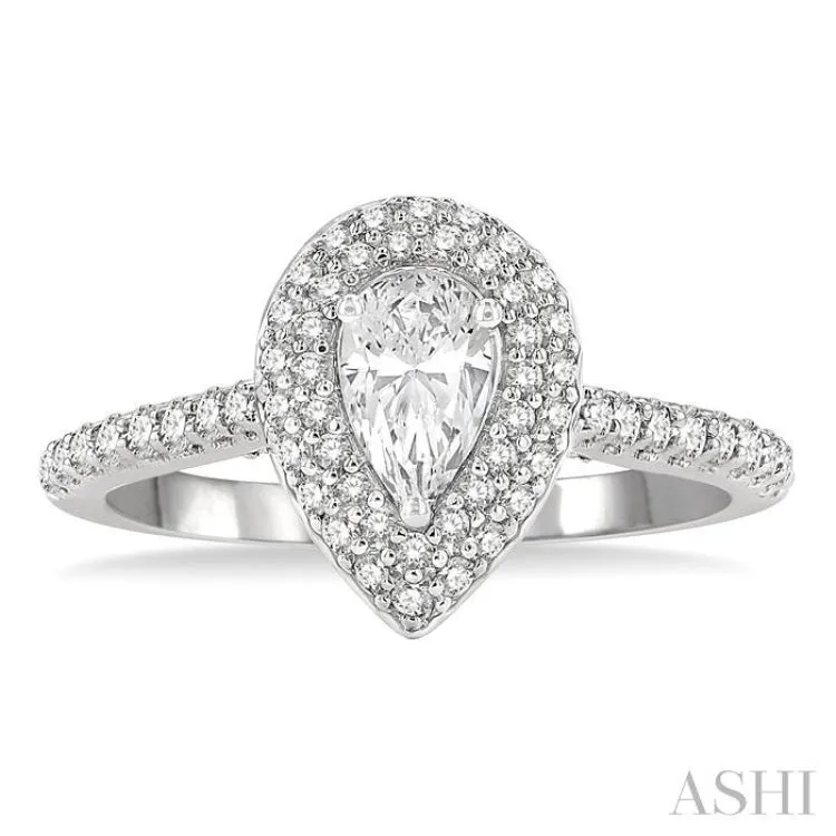 1 ctw Round Cut Diamond Engagement Ring With 1/2 ctw Pear Cut Center Stone in 14K White Gold