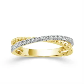10K Yellow Gold Beaded and Diamond Crossover Ring