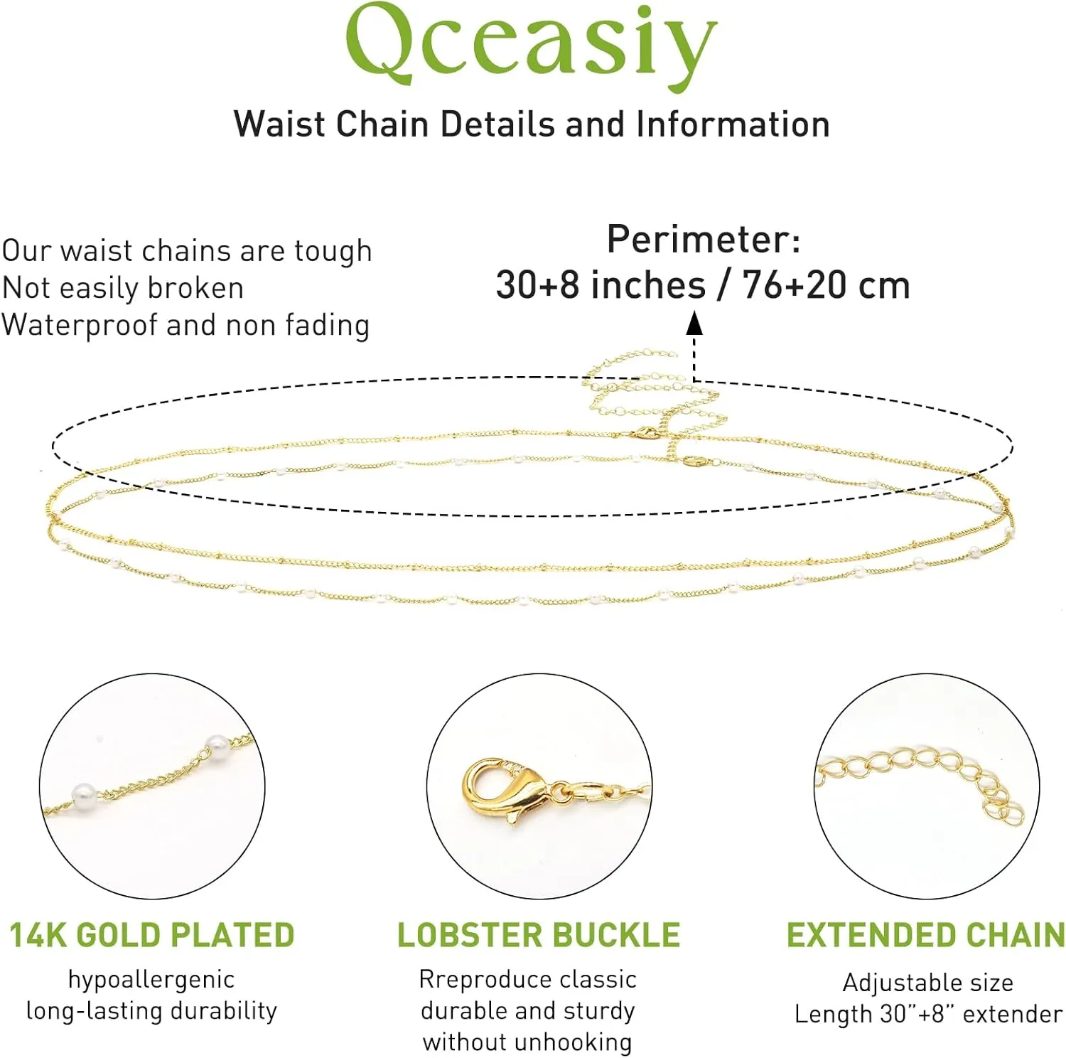 14K Gold Waist Chain for Women, 2Pcs Adjustable Pearl Beads Body Chain, Sexy Layered Summer Beach Bikini Belly Jewelry Accessories