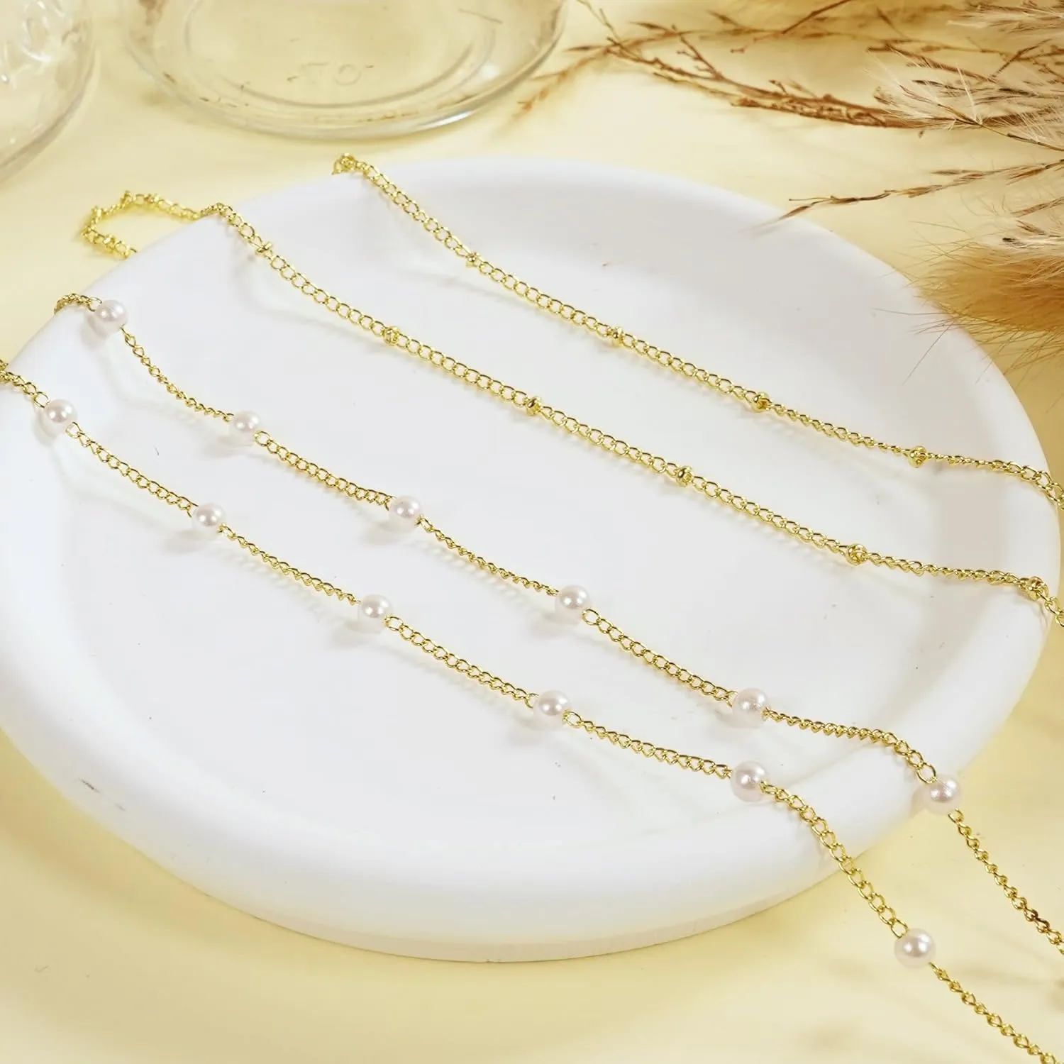 14K Gold Waist Chain for Women, 2Pcs Adjustable Pearl Beads Body Chain, Sexy Layered Summer Beach Bikini Belly Jewelry Accessories