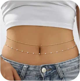 14K Gold Waist Chain for Women, 2Pcs Adjustable Pearl Beads Body Chain, Sexy Layered Summer Beach Bikini Belly Jewelry Accessories