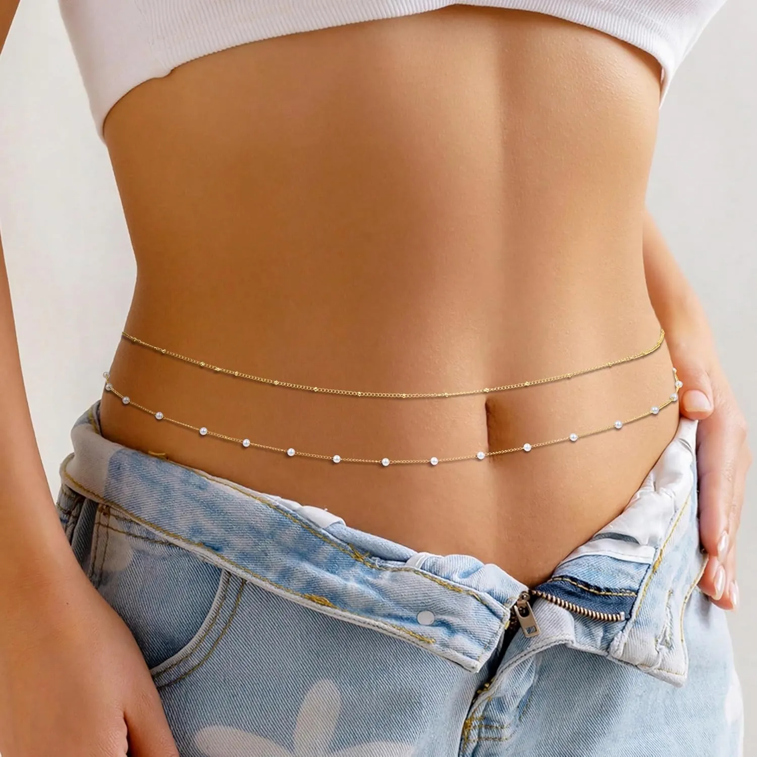14K Gold Waist Chain for Women, 2Pcs Adjustable Pearl Beads Body Chain, Sexy Layered Summer Beach Bikini Belly Jewelry Accessories