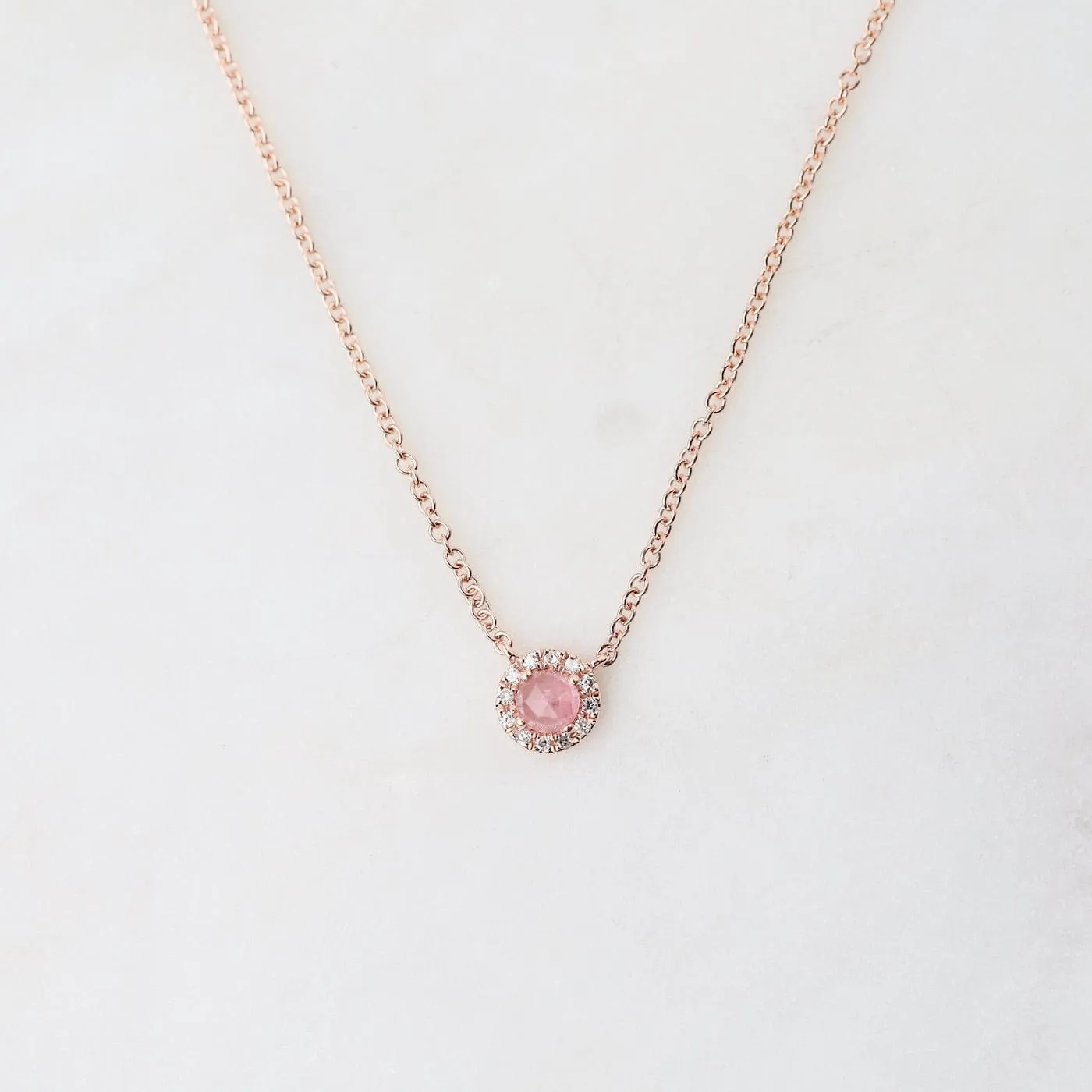 14k Pink Tourmaline Diamond Halo Necklace