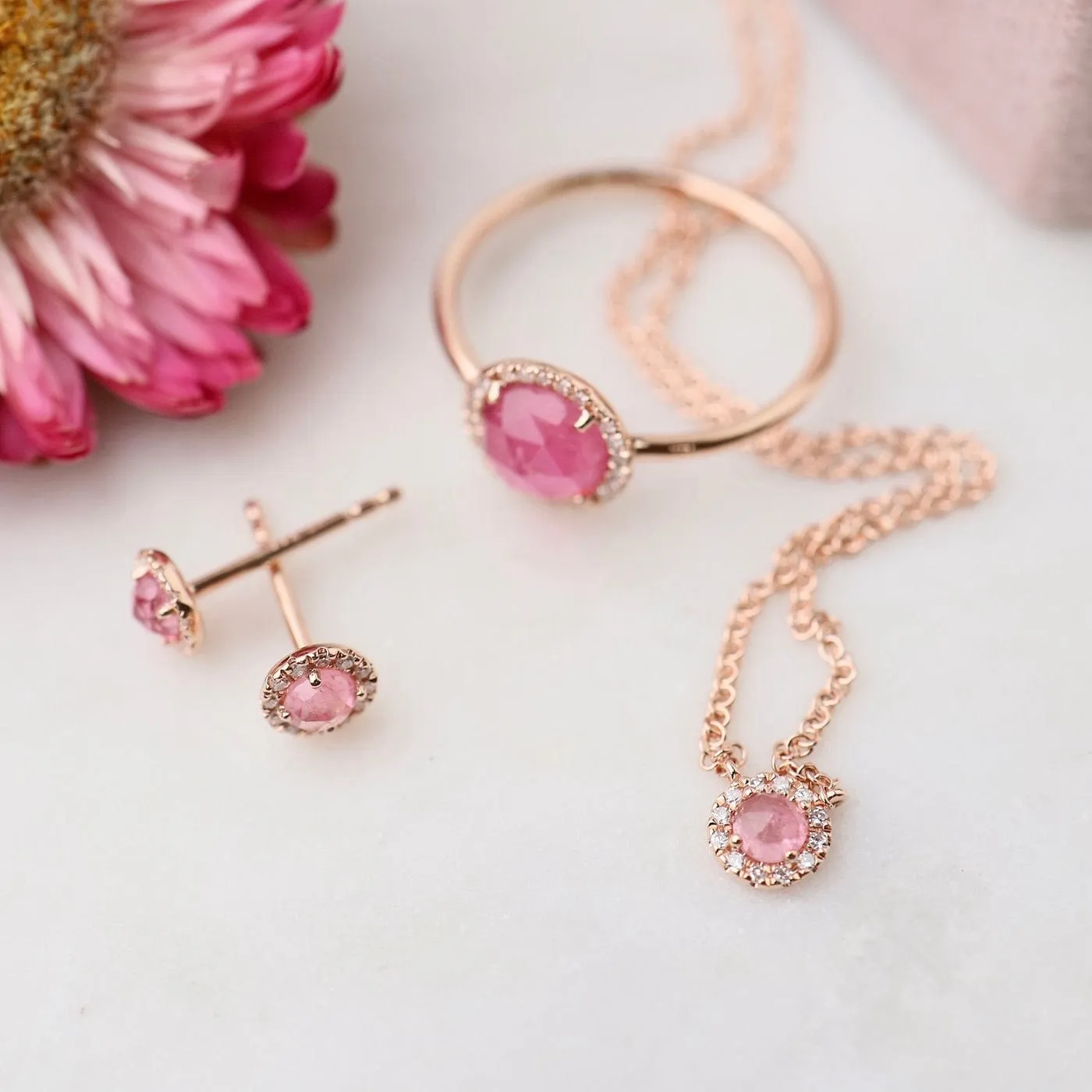 14k Pink Tourmaline Diamond Halo Necklace