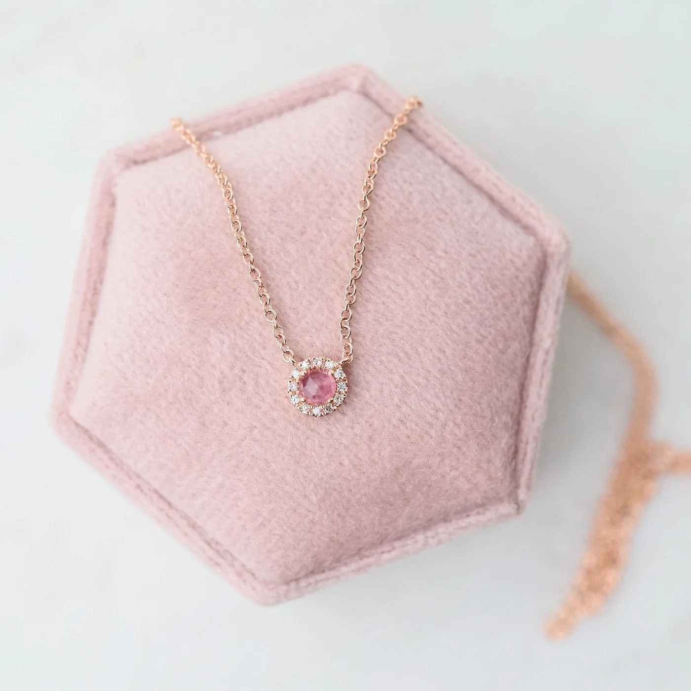 14k Pink Tourmaline Diamond Halo Necklace