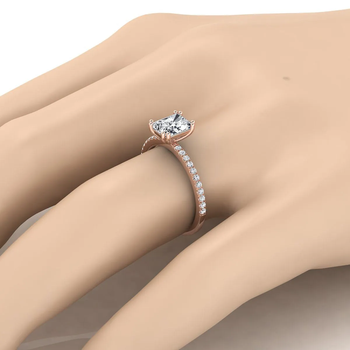14K Rose Gold Radiant Cut Center Diamond Simple French Pave Double Claw Prong Engagement Ring -1/6ctw