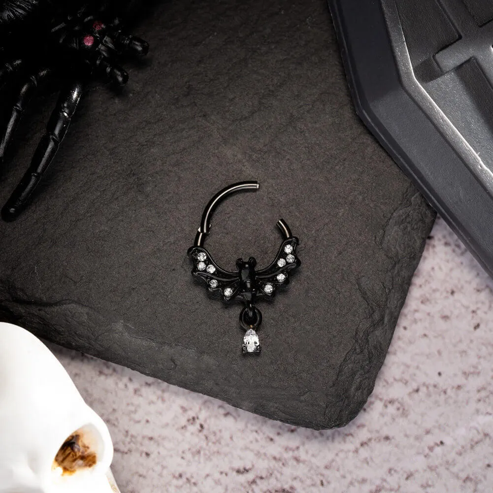 16G Bat Clear CZ Dangle Hinged Segment Septum Ring Helix Earring