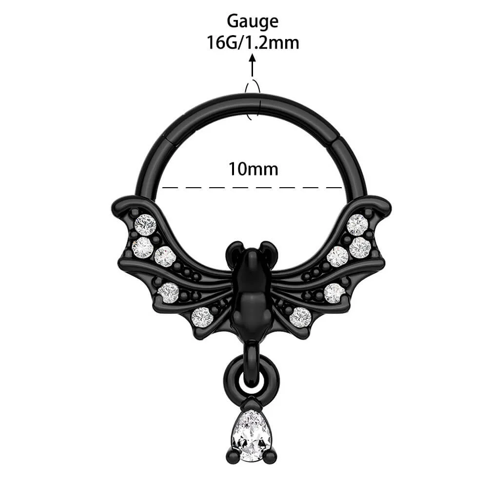 16G Bat Clear CZ Dangle Hinged Segment Septum Ring Helix Earring