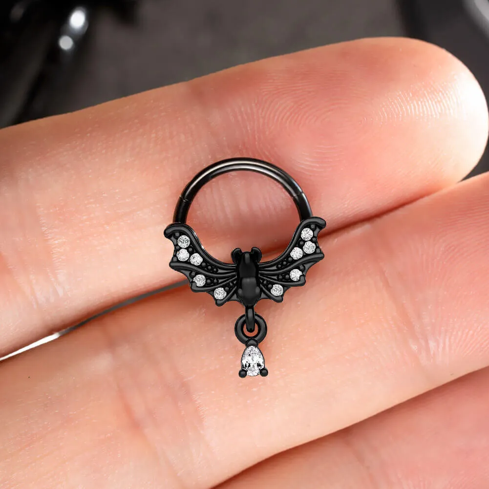 16G Bat Clear CZ Dangle Hinged Segment Septum Ring Helix Earring