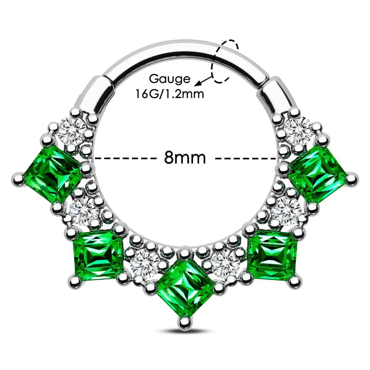 16G Green Gem & Clear CZ Cluster Clicker Septum Ring