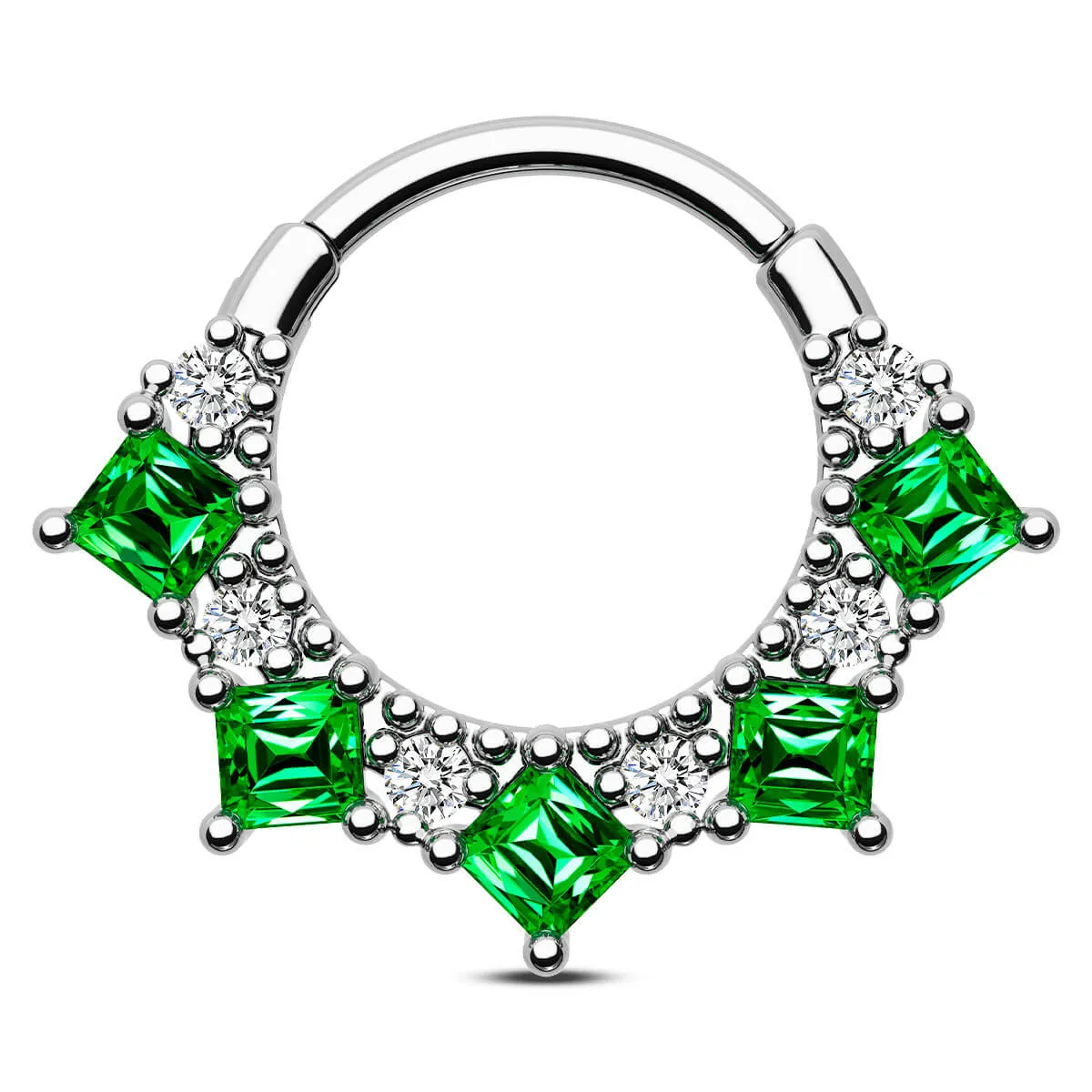 16G Green Gem & Clear CZ Cluster Clicker Septum Ring