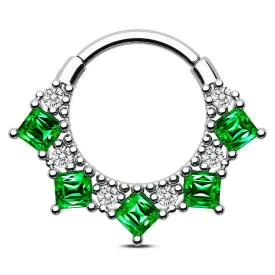 16G Green Gem & Clear CZ Cluster Clicker Septum Ring