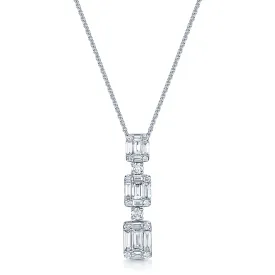 18ct White Gold Baguette and Round Brilliant Cut Diamond Three Tier Drop Pendant