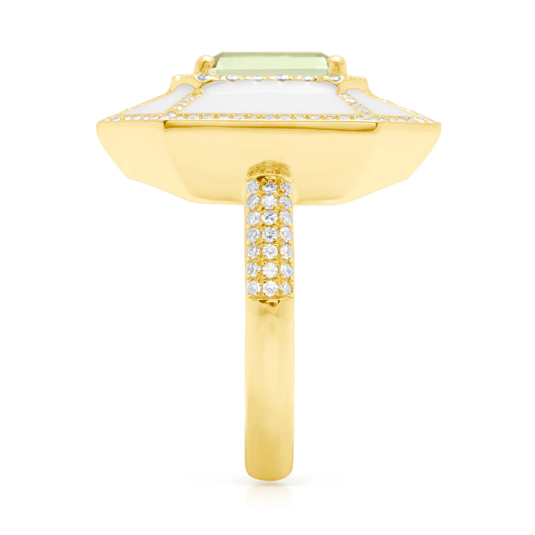 18KT Yellow Gold Green Amethyst White Enamel Diamond Deco Cocktail Ring