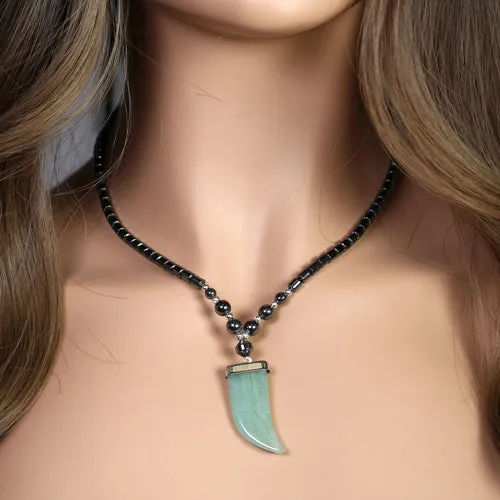 18" Green Aventurine Flat Tooth Stone Hematite Necklace