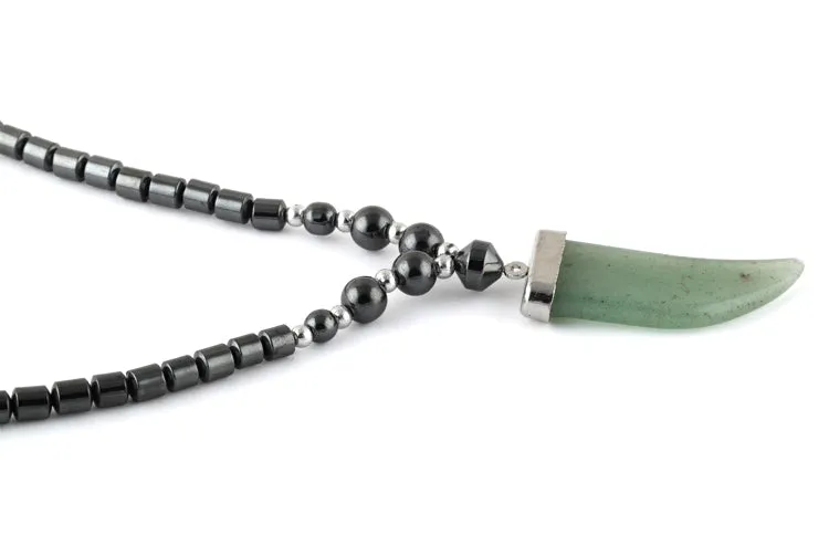 18" Green Aventurine Flat Tooth Stone Hematite Necklace