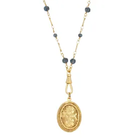 1928 Jewelry Blue Montana Glass Beaded Double Side Oval Floral Locket Necklace 30"