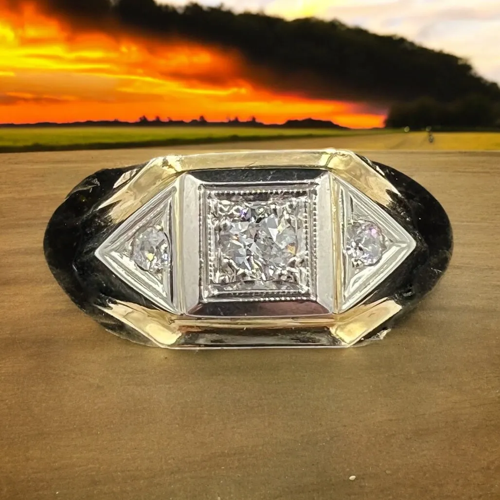 1950s Three Stone Diamond Mens Ring