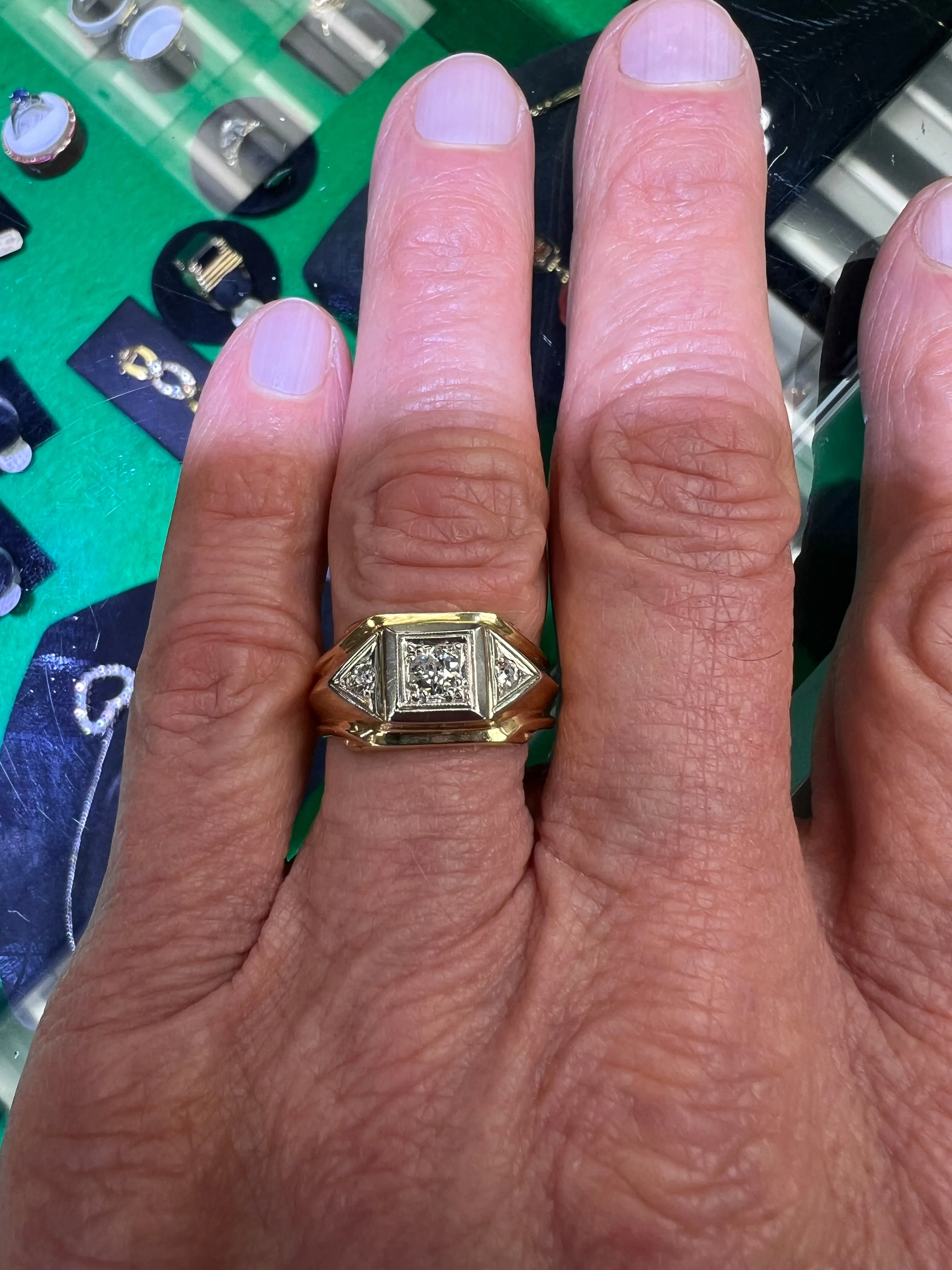 1950s Three Stone Diamond Mens Ring