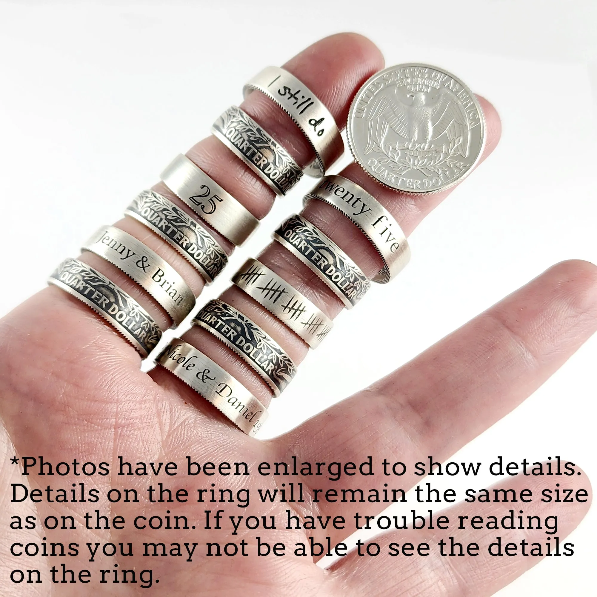 Engraved 25th Anniversary Silver Quarter Ring Set - 90% Pure Silver Gift
