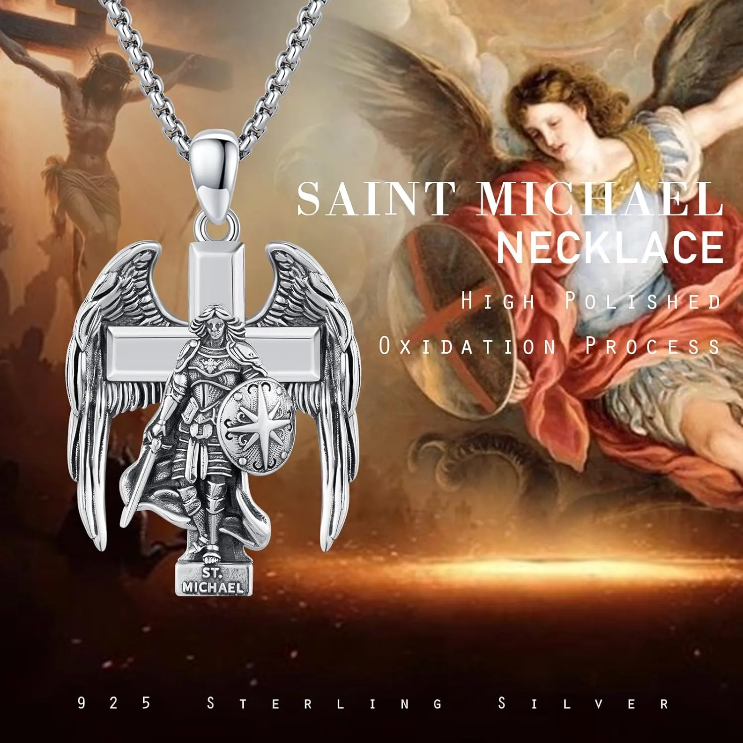 925 Silver Silver Archangel Saint Statue Necklace Patron Saint Amulet Protection Pendant Religion Catholic Cross Jewelry for Men Women with Jewelry Box