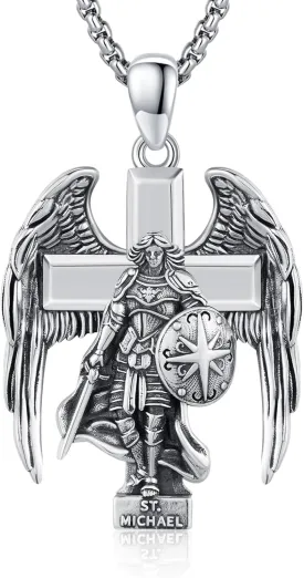 925 Silver Silver Archangel Saint Statue Necklace Patron Saint Amulet Protection Pendant Religion Catholic Cross Jewelry for Men Women with Jewelry Box