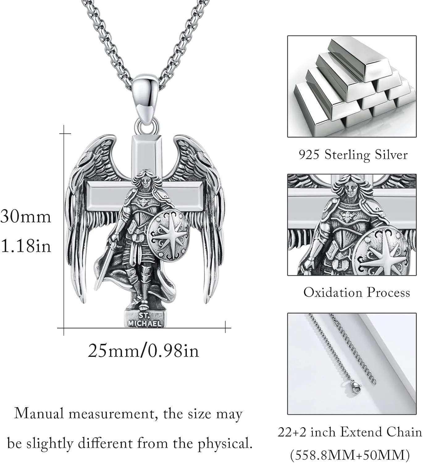 925 Silver Silver Archangel Saint Statue Necklace Patron Saint Amulet Protection Pendant Religion Catholic Cross Jewelry for Men Women with Jewelry Box