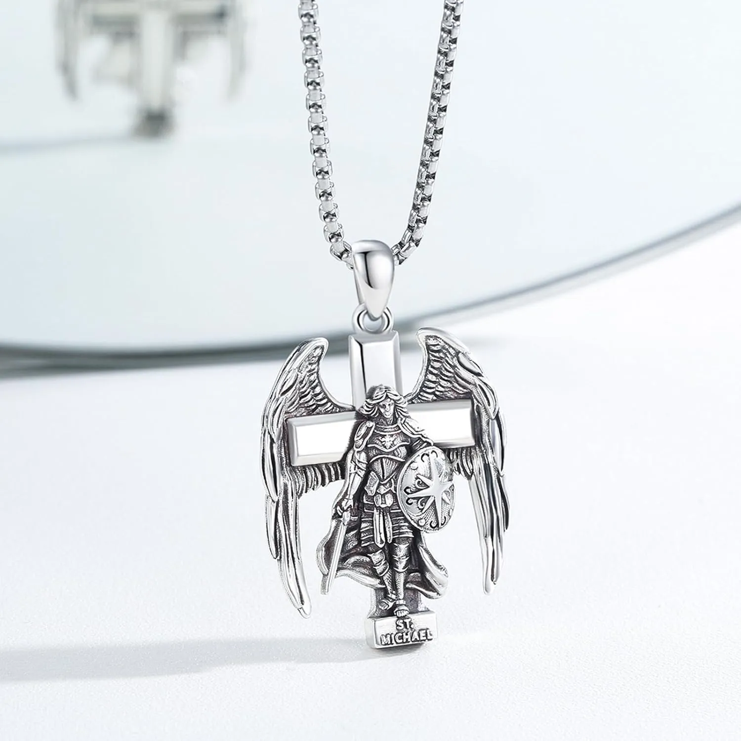 925 Silver Silver Archangel Saint Statue Necklace Patron Saint Amulet Protection Pendant Religion Catholic Cross Jewelry for Men Women with Jewelry Box