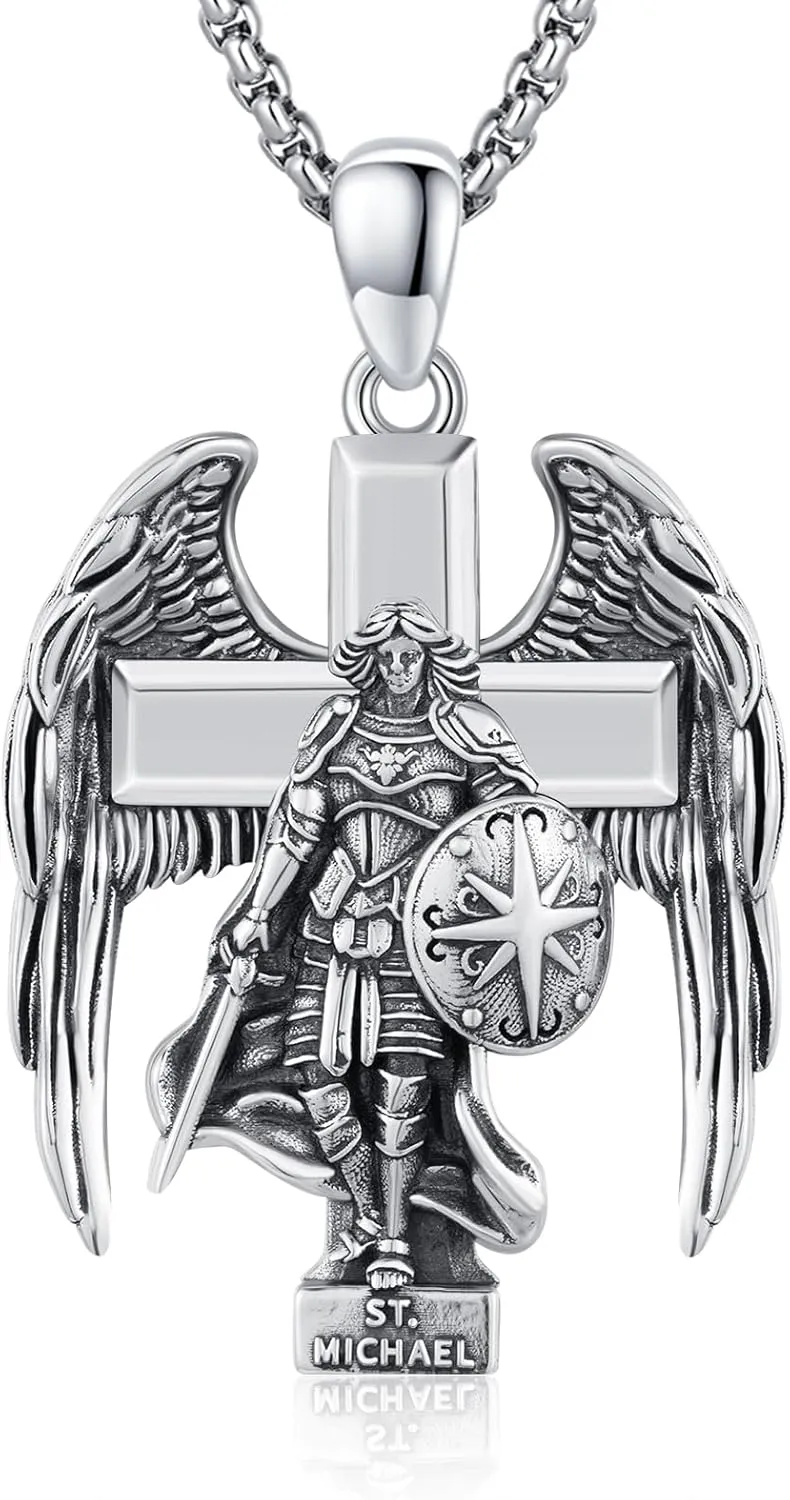 925 Silver Silver Archangel Saint Statue Necklace Patron Saint Amulet Protection Pendant Religion Catholic Cross Jewelry for Men Women with Jewelry Box
