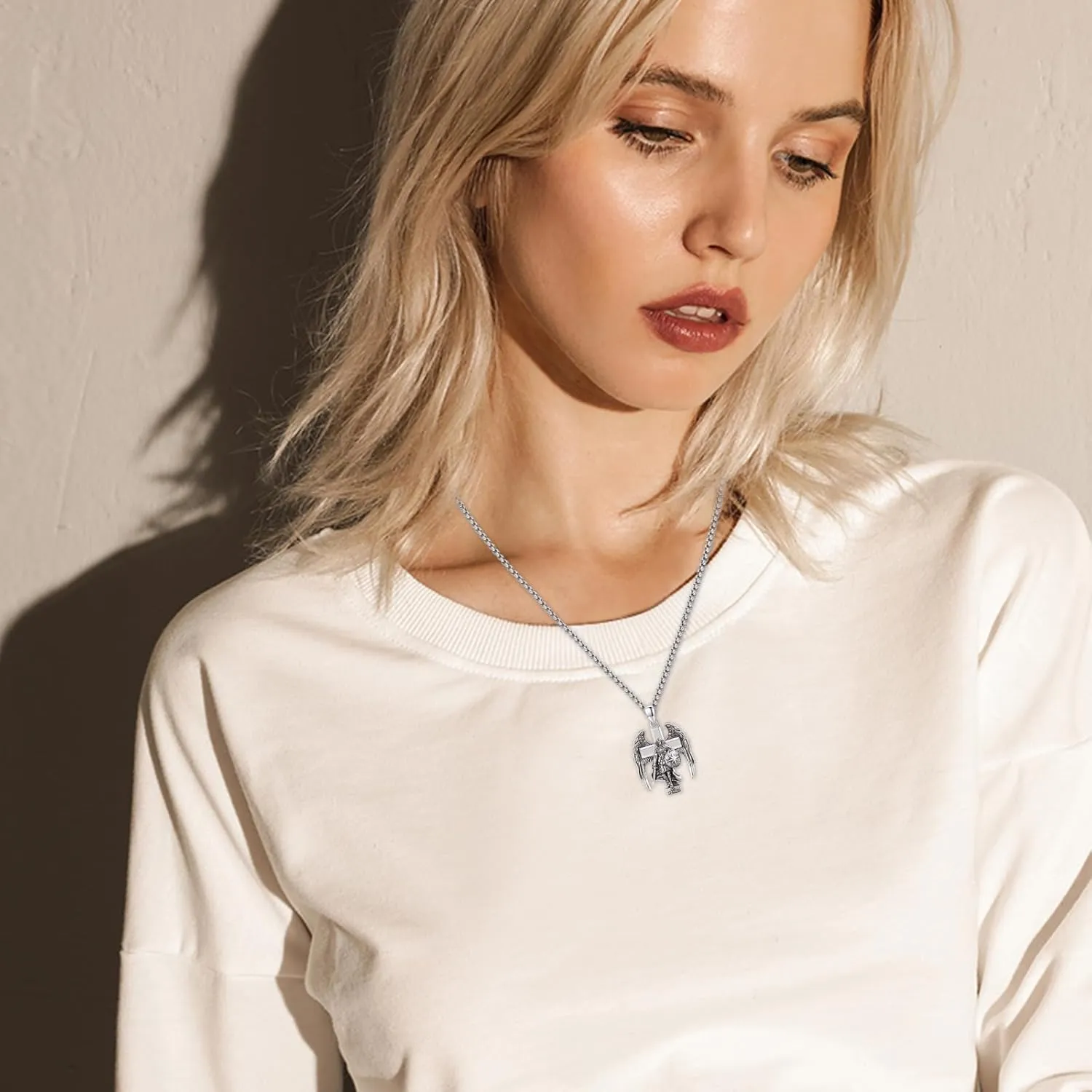 925 Silver Silver Archangel Saint Statue Necklace Patron Saint Amulet Protection Pendant Religion Catholic Cross Jewelry for Men Women with Jewelry Box