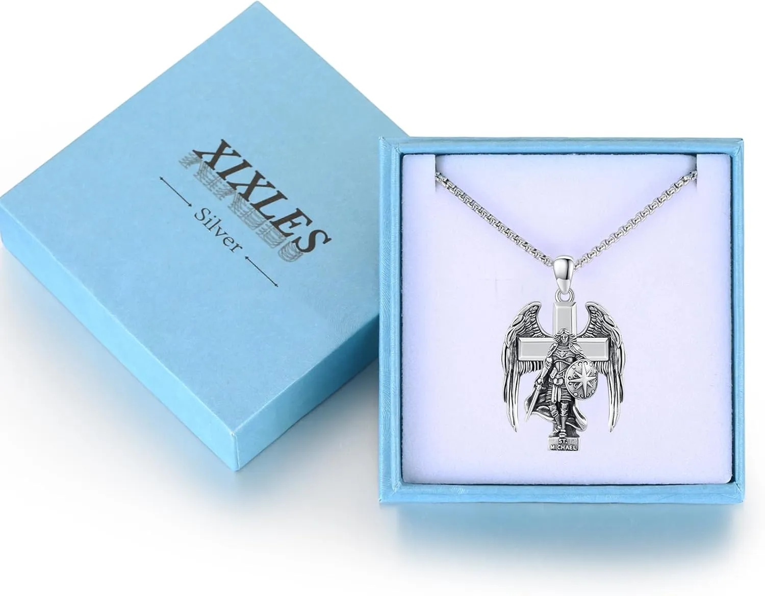 925 Silver Silver Archangel Saint Statue Necklace Patron Saint Amulet Protection Pendant Religion Catholic Cross Jewelry for Men Women with Jewelry Box