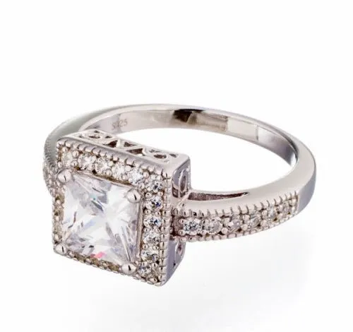 Antique Inspired Princess Cut Bezel Set Cubic Zirconia Engagement Ring