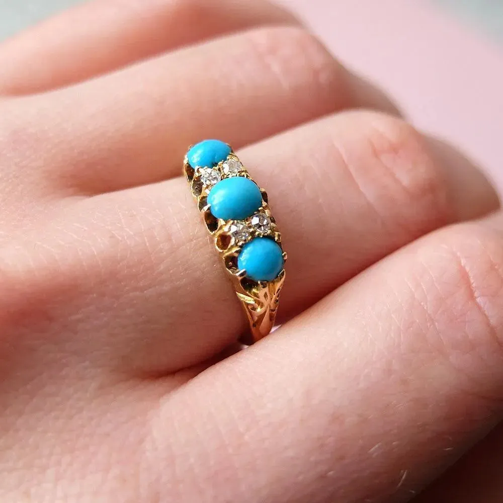 Antique Victorian 1856 Turquoise & Diamond 18ct Yellow Gold Ring