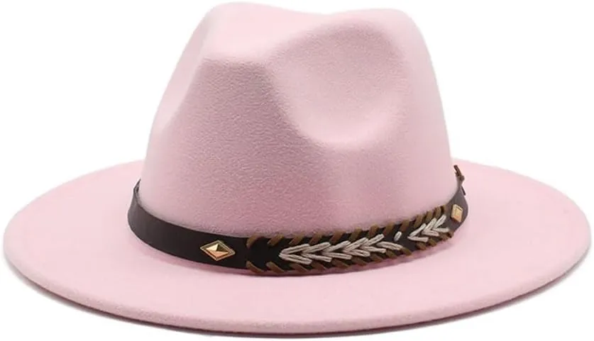 Autumn and Winter Woolen Hat, 7cm Big Brim Flat Brim Jazz Hat, British Gentleman Felt Hat Fengyan Cowboy Hats (Color : Rose Red, Size : Medium(56-58cm))