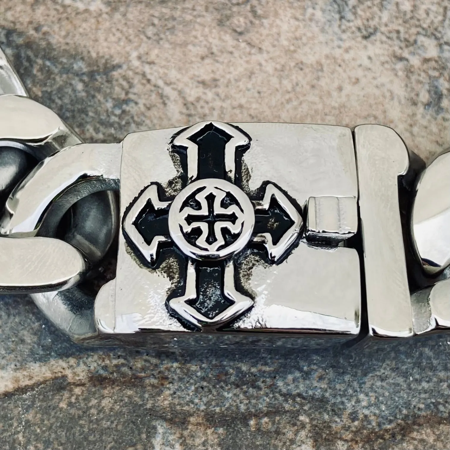 Bagger Bracelet - "EASY BIKER" - Guardian Cross Polished - 3/4" wide - B122