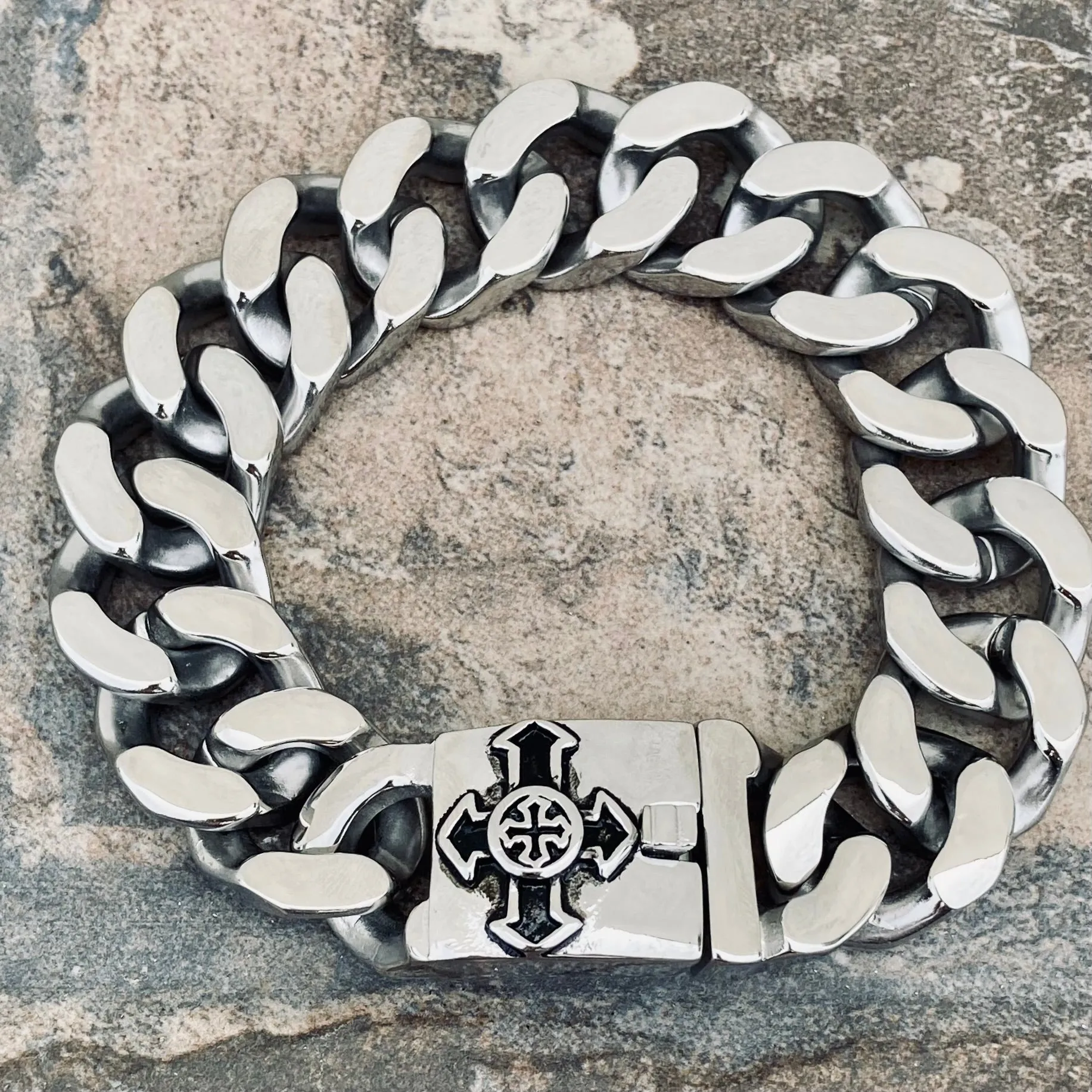 Bagger Bracelet - "EASY BIKER" - Guardian Cross Polished - 3/4" wide - B122