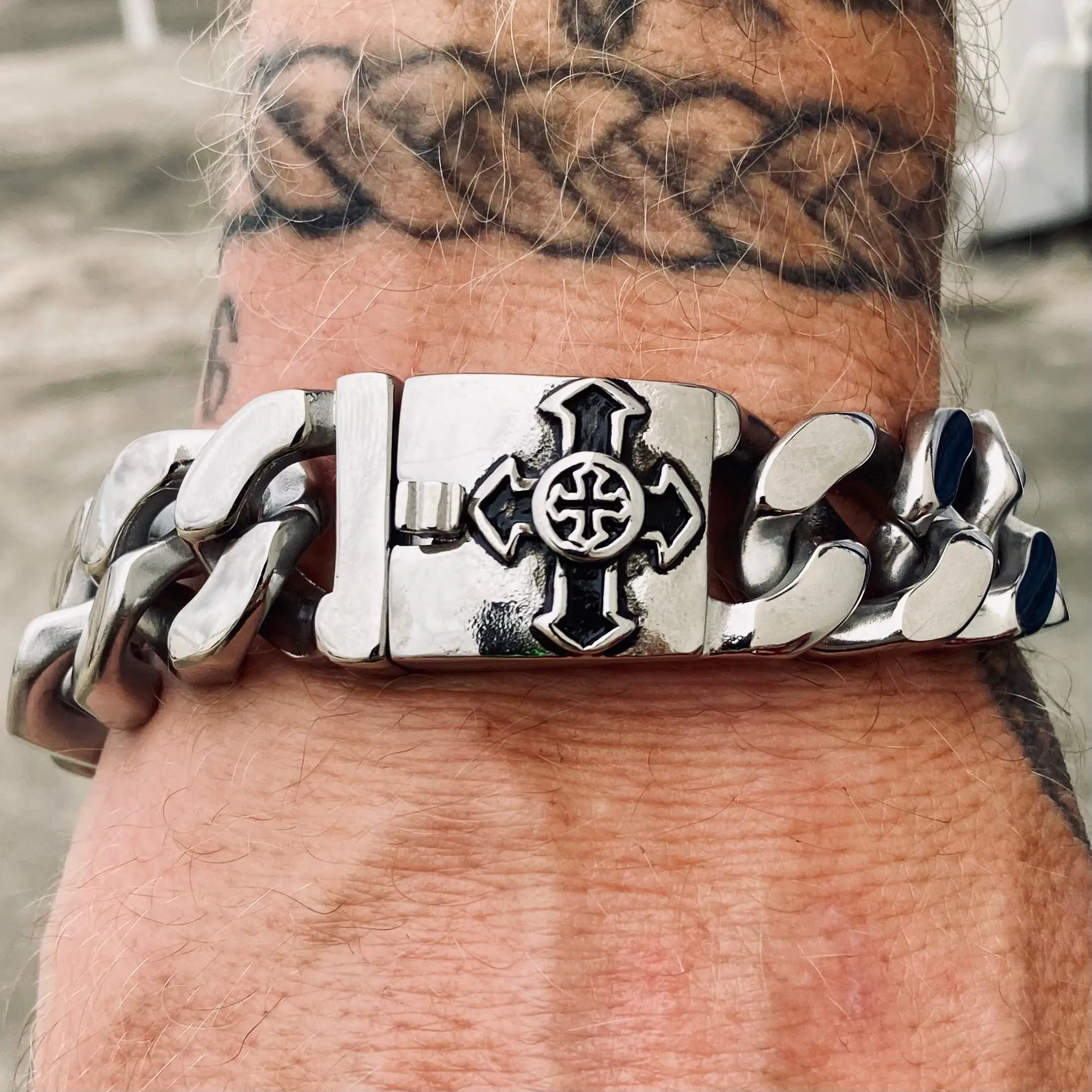 Bagger Bracelet - "EASY BIKER" - Guardian Cross Polished - 3/4" wide - B122