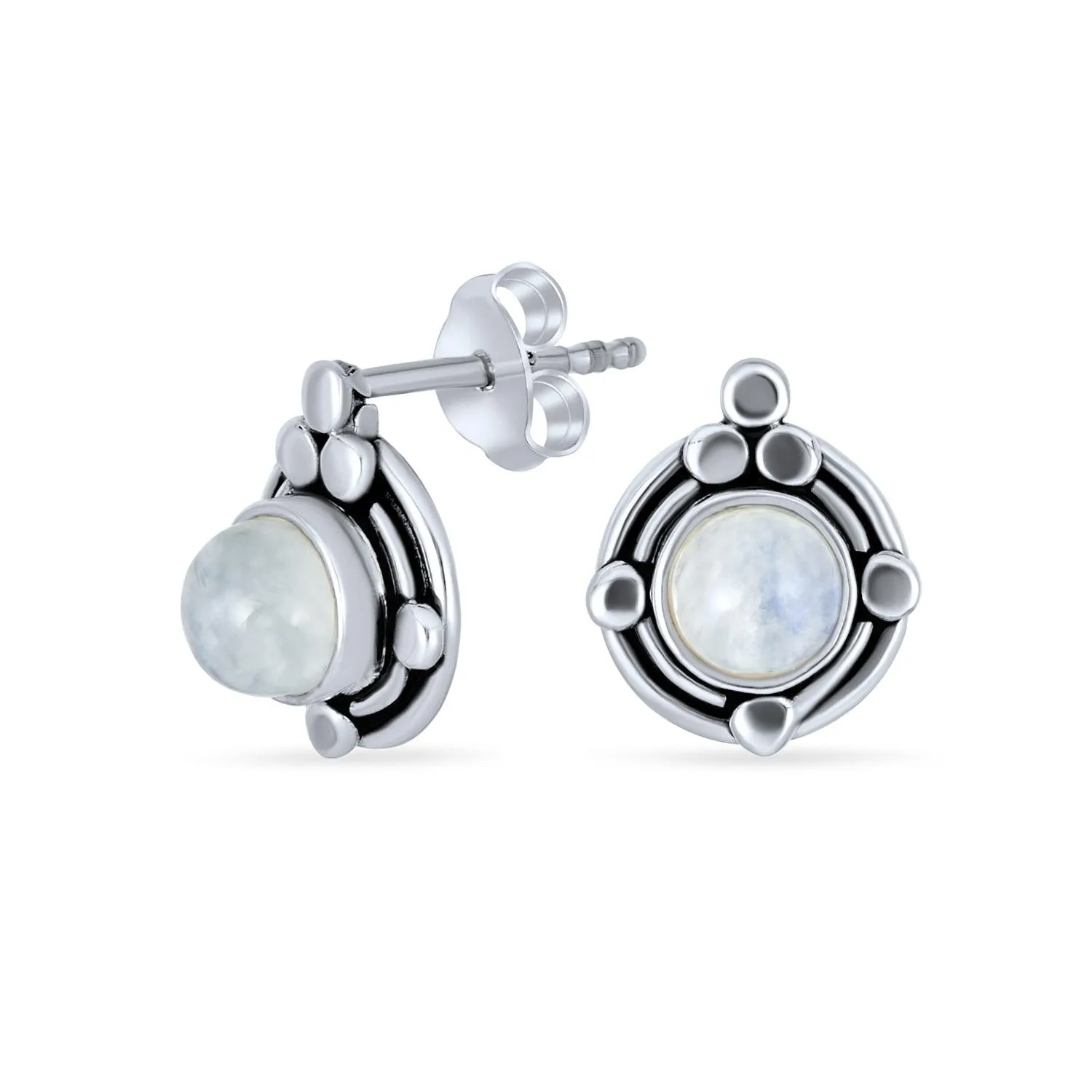 Bezel Moonstone Gemstone Ornate Round Stud Earrings Sterling Silver