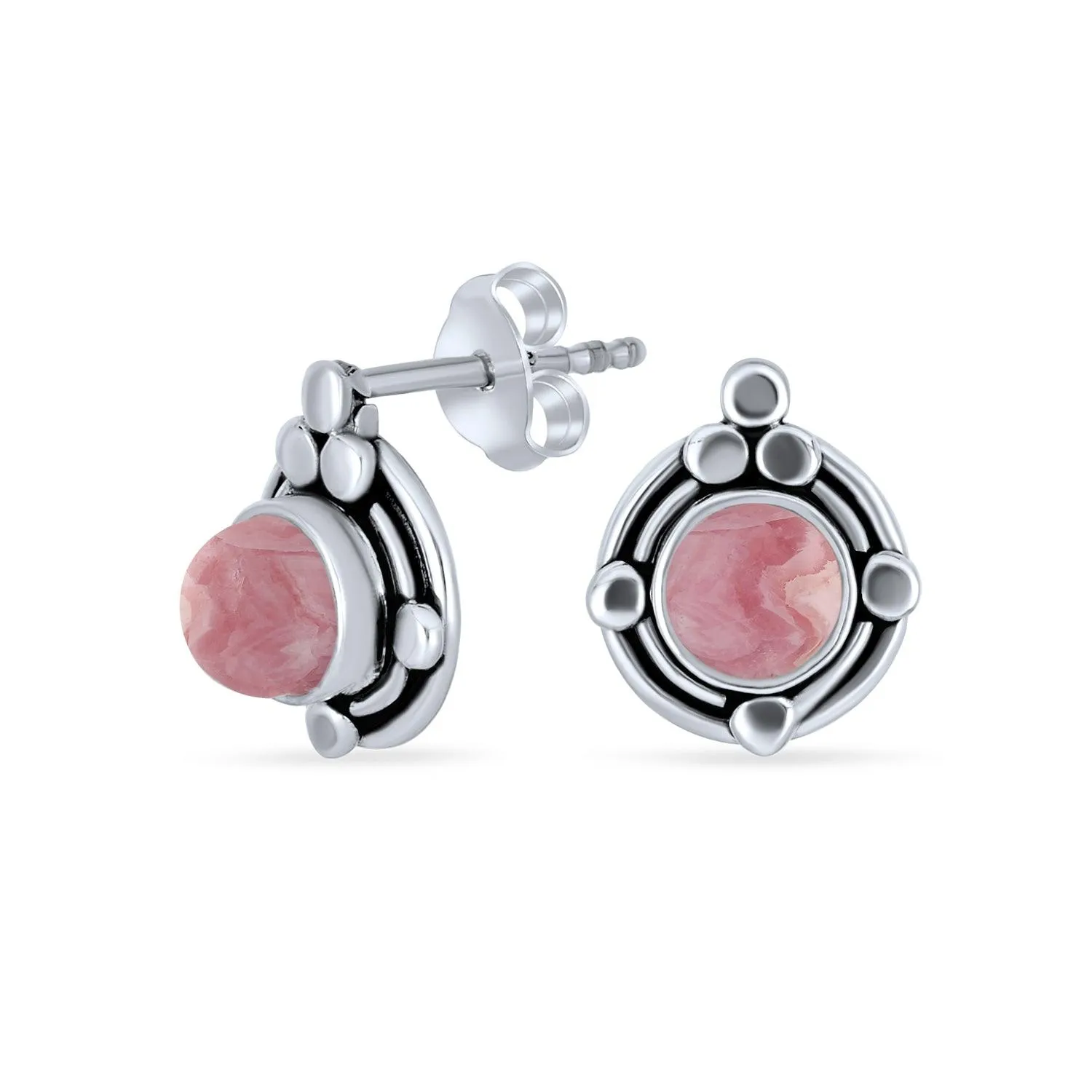 Bezel Moonstone Gemstone Ornate Round Stud Earrings Sterling Silver