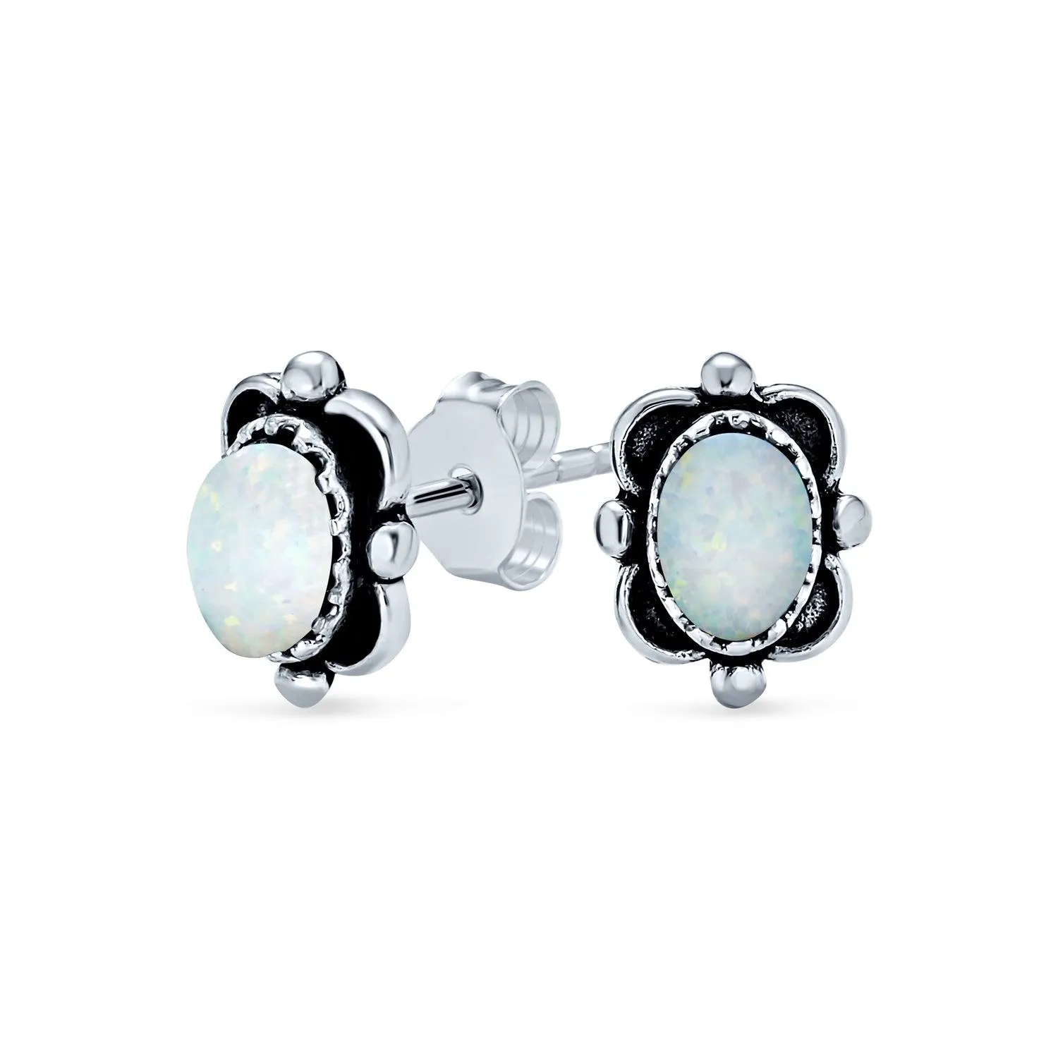 Bezel Moonstone Gemstone Ornate Round Stud Earrings Sterling Silver