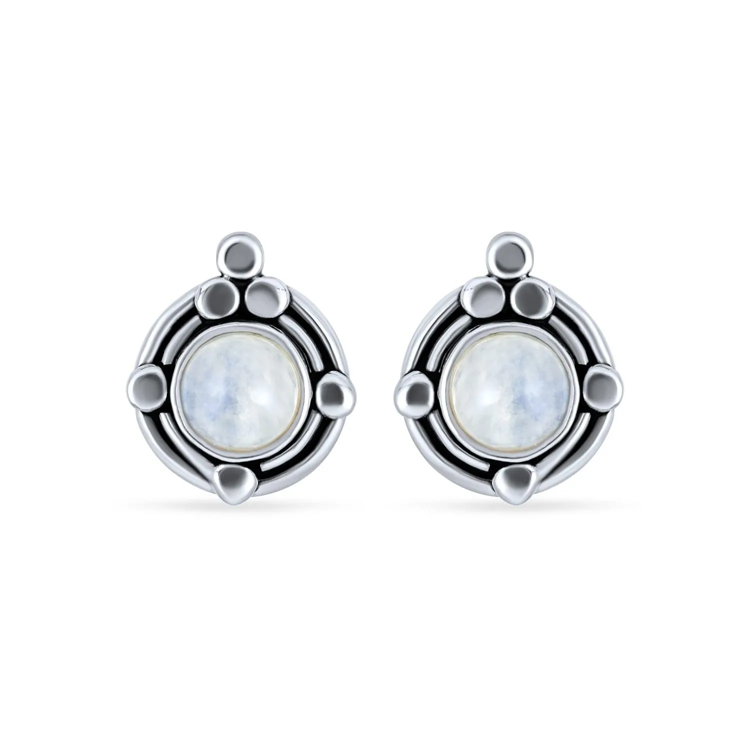 Bezel Moonstone Gemstone Ornate Round Stud Earrings Sterling Silver