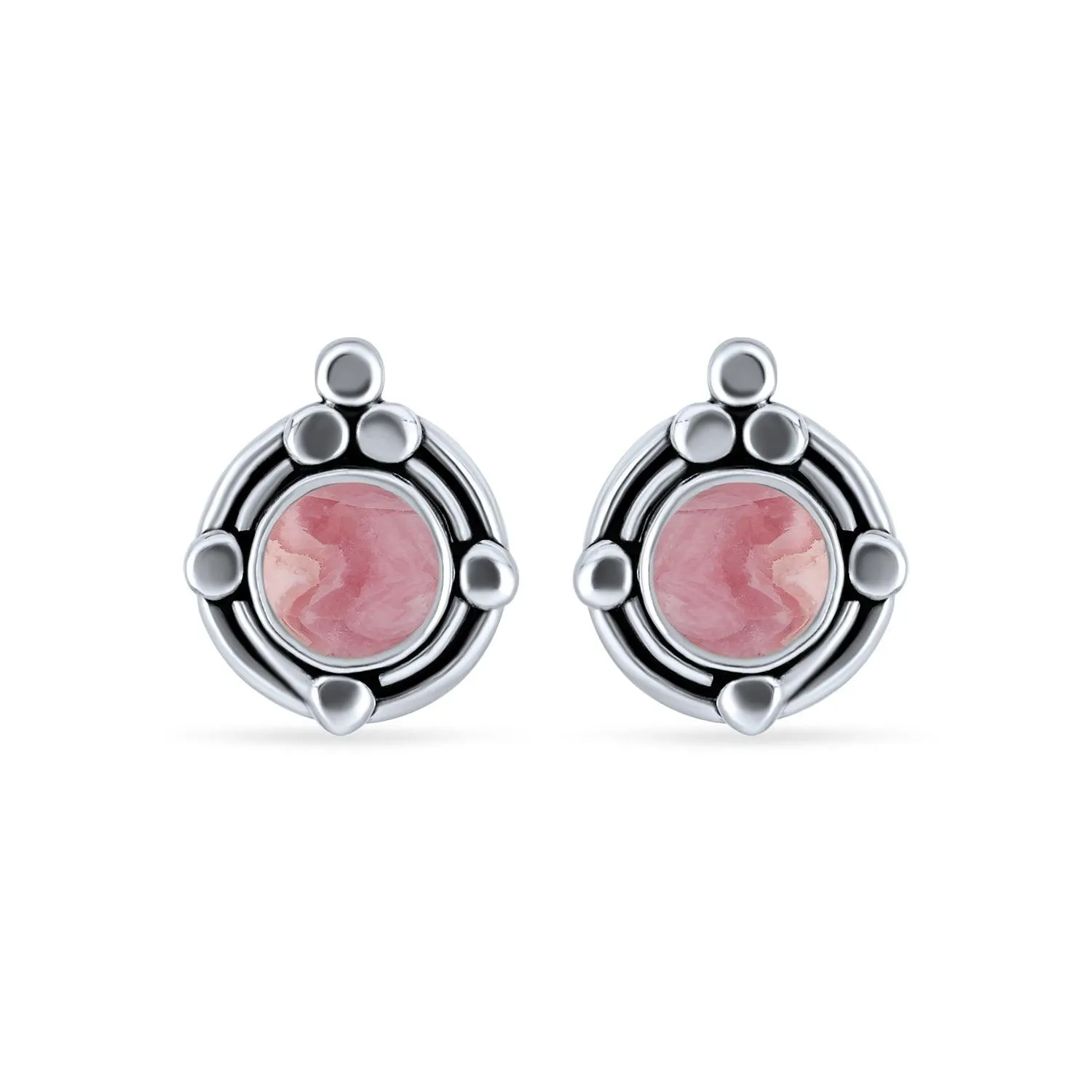 Bezel Moonstone Gemstone Ornate Round Stud Earrings Sterling Silver