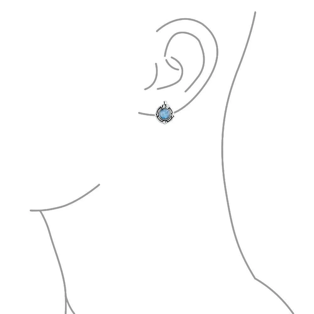 Bezel Moonstone Gemstone Ornate Round Stud Earrings Sterling Silver