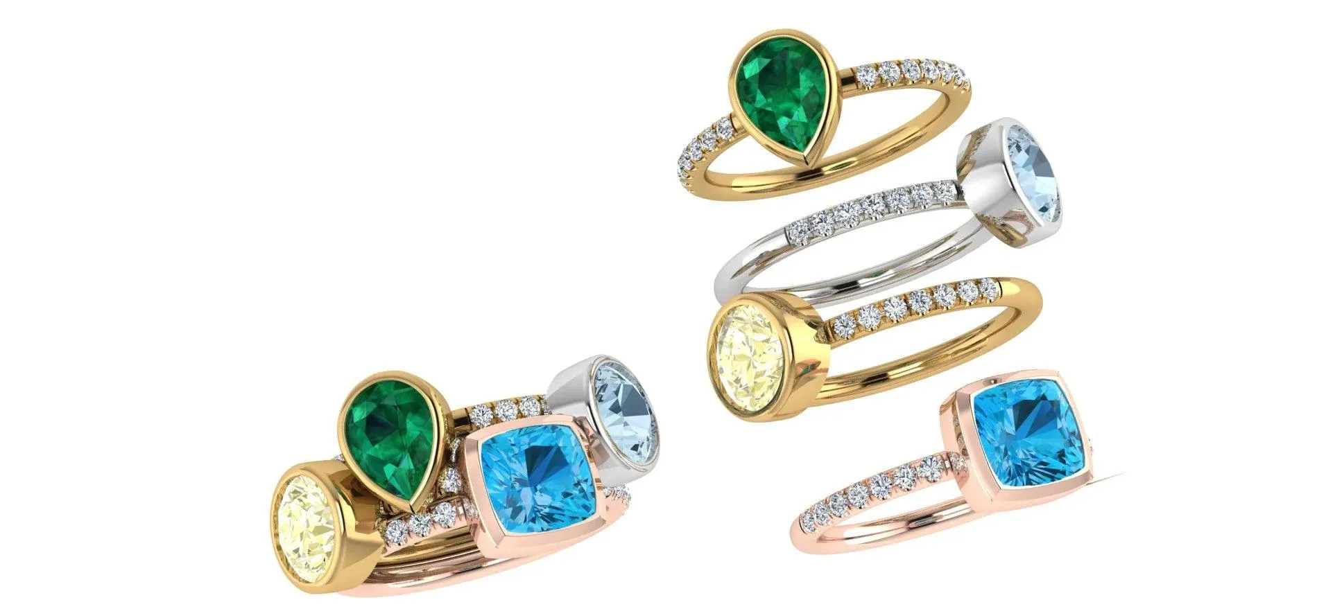 Birthstone and Diamonds Stacking Rings Multi Gold